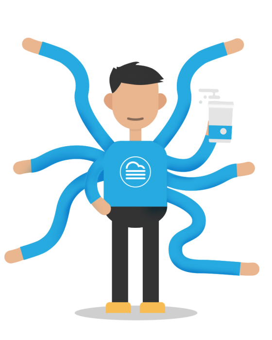 Formitize Multitasking Man illustration with 8 arms and drinking coffee