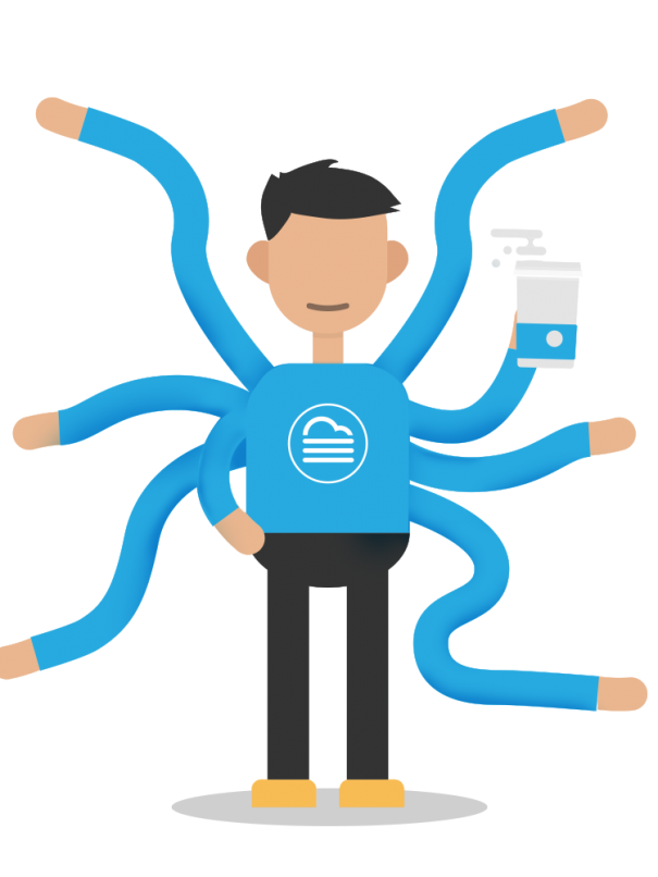 Formitize Multitasking Man illustration with 8 arms and drinking coffee